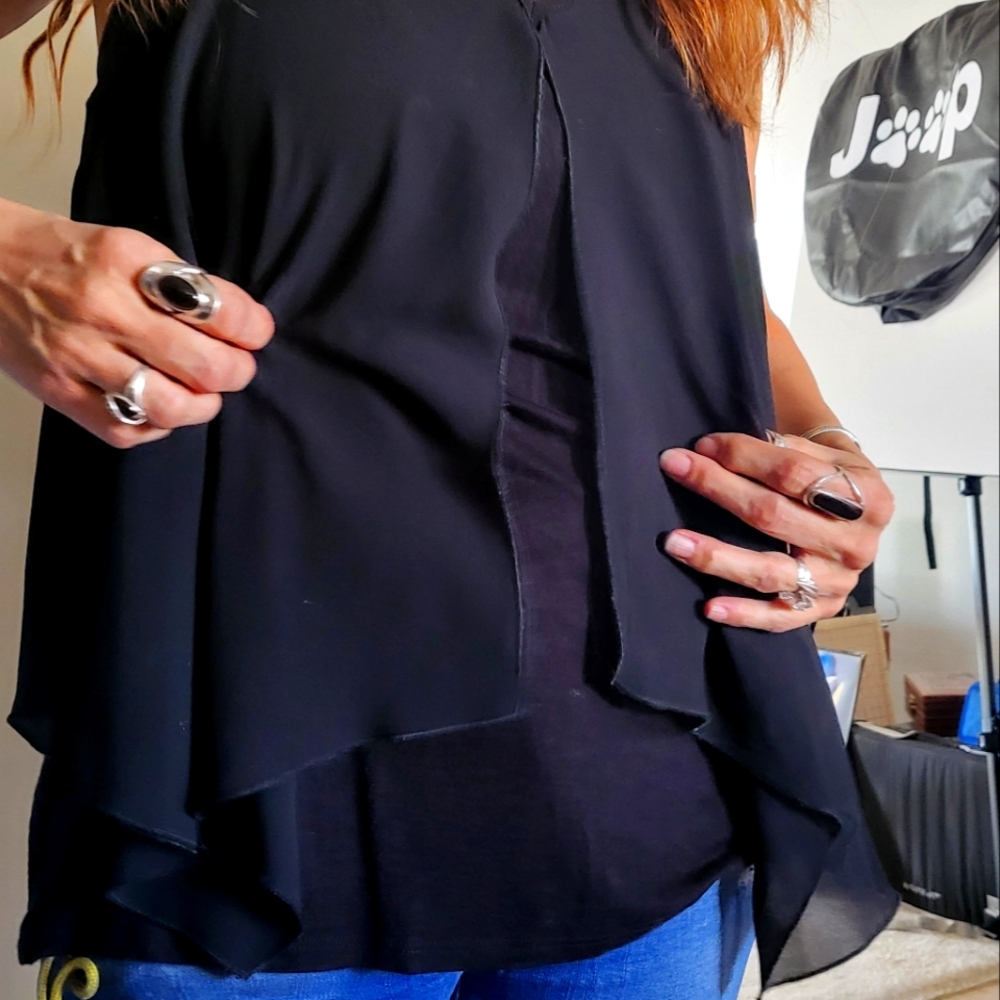 NEW BLACK Blouse SPLIT front & back SHEER cover over sewn in black Tank top
